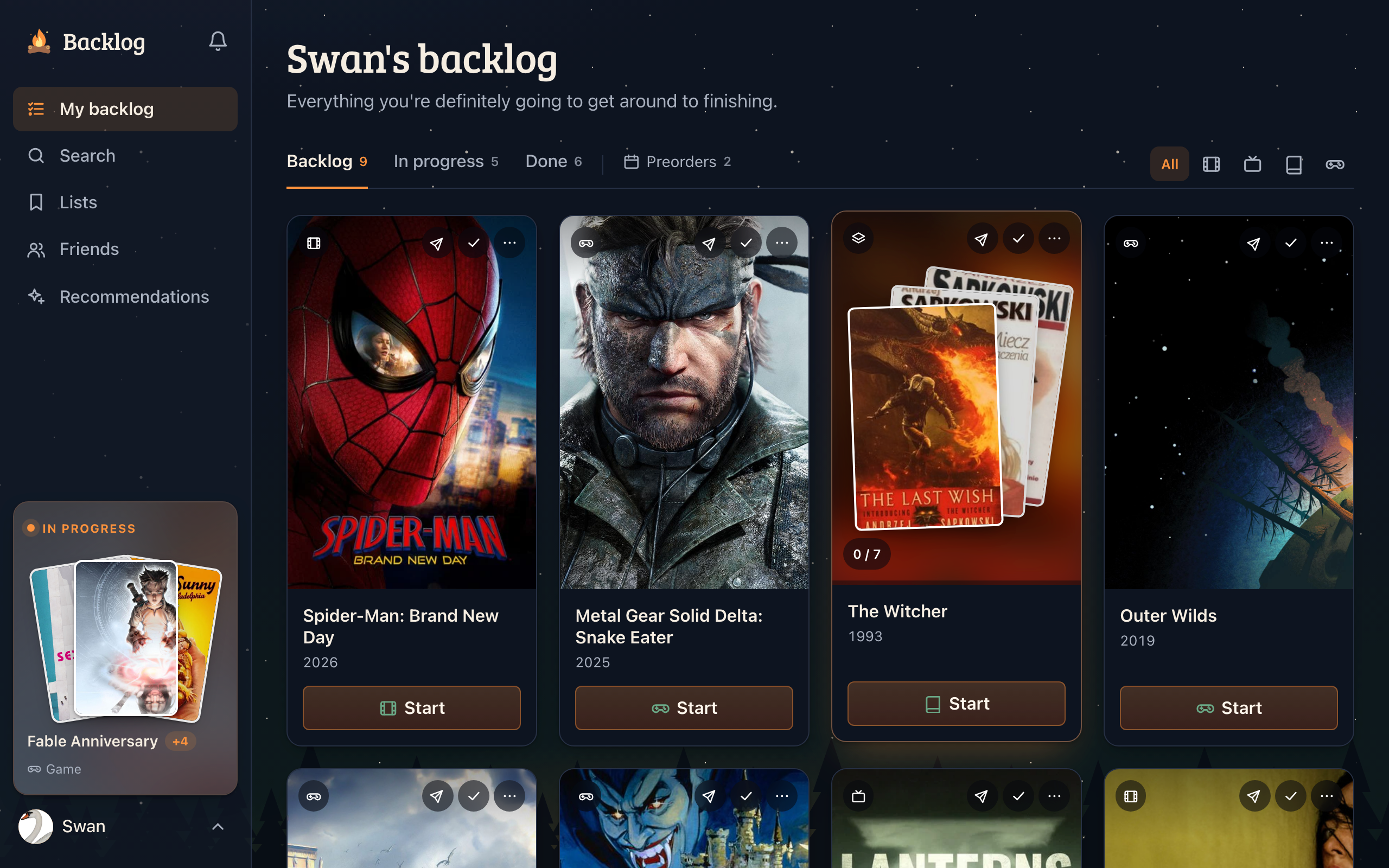 Backlog's dashboard showing a list of movies, tv shows, books, and games